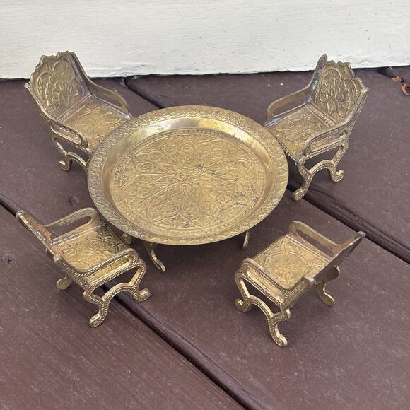 VTG Brass Dollhouse Miniature Furniture Set Ornate Floral Design 1970s India - Picture 1 of 16